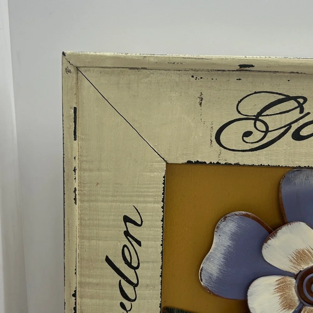 Sculpted Metal Flower Wall Hanging With a Rustic Wooden Frame Size 12x12 inches.